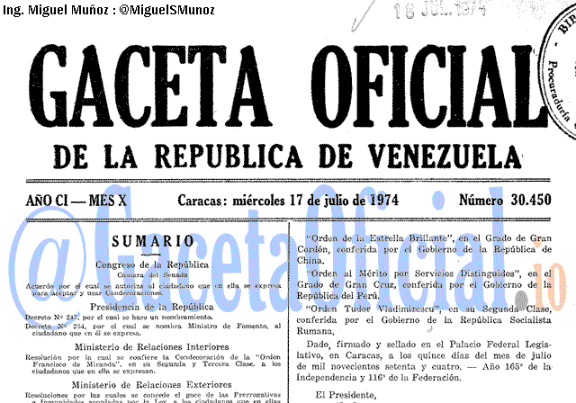 Gaceta Oficial 30450 del 17 Julio 1974