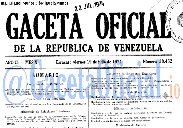 Gaceta Oficial 30452 del 19 Julio 1974