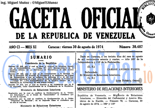 Gaceta Oficial 30487 del 30 Agosto 1974