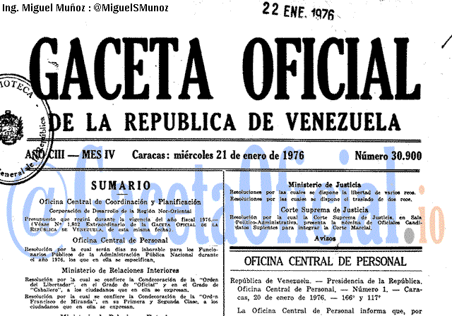 Gaceta Oficial 30900 del 21 Enero 1976