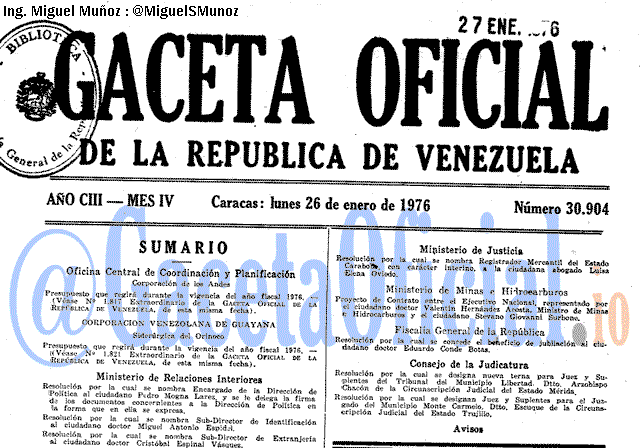 Gaceta Oficial 30904 del 26 Enero 1976