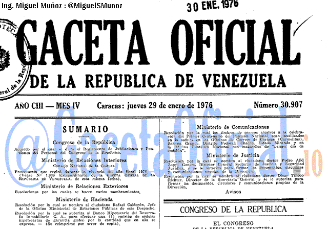 Gaceta Oficial 30907 del 29 Enero 1976