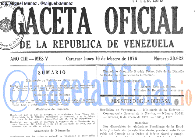Gaceta Oficial 30922 del 16 Febrero 1976