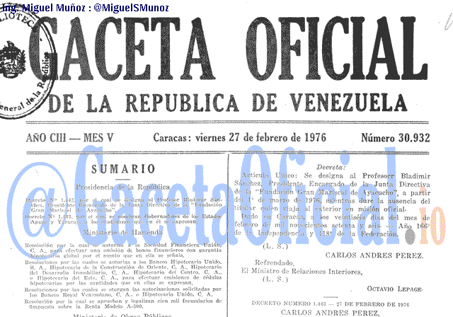 Gaceta Oficial 30932 del 27 Febrero 1976