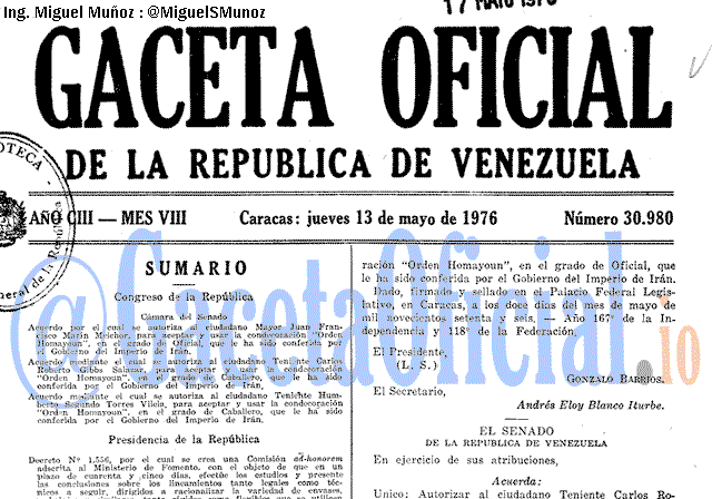 Gaceta Oficial 30980 del 13 Mayo 1976