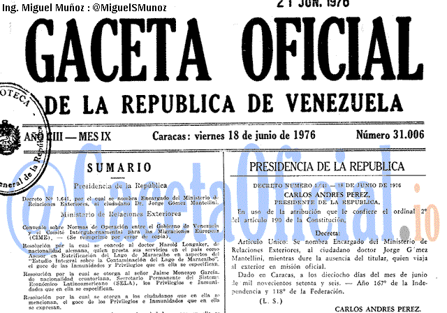 Gaceta Oficial 31006 del 18 Junio 1976