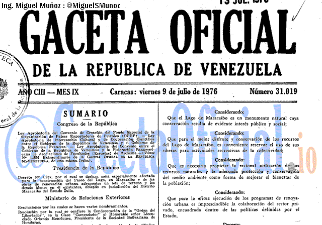 Gaceta Oficial 31019 del 9 Julio 1976
