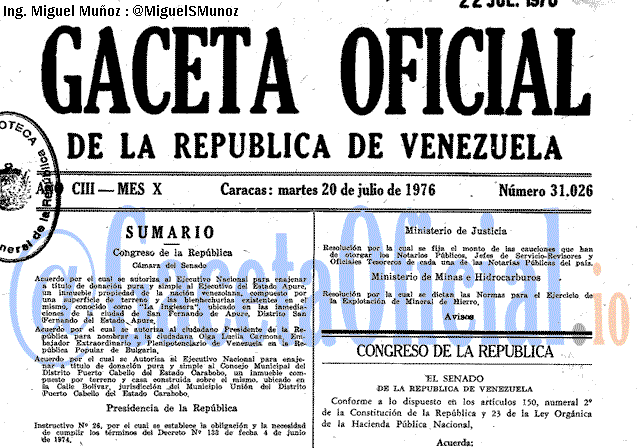 Gaceta Oficial 31026 del 20 Julio 1976