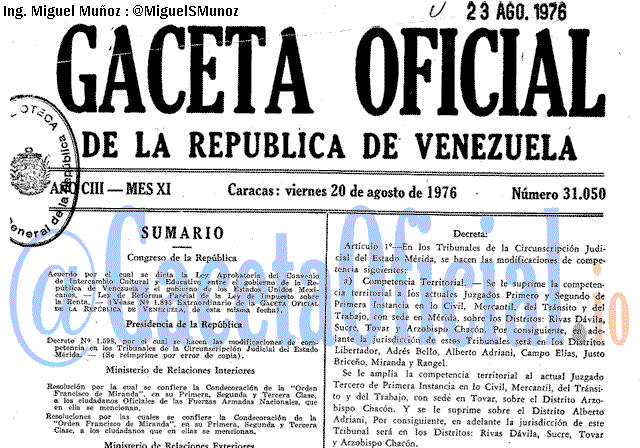 Gaceta Oficial 31050 del 20 Agosto 1976