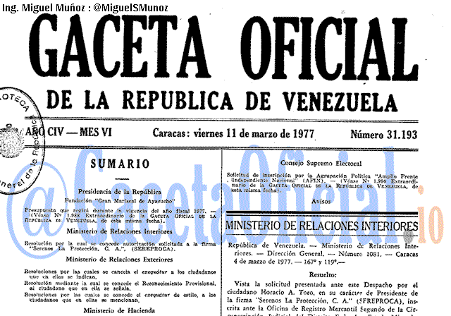 Gaceta Oficial 31193 del 11 Marzo 1977
