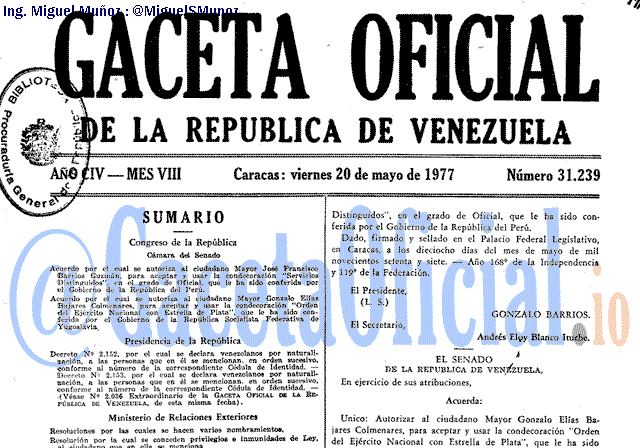 Gaceta Oficial 31239 del 20 Mayo 1977