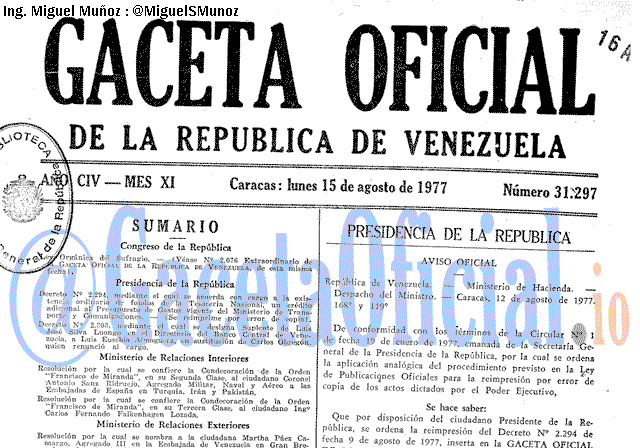 Gaceta Oficial 31297 del 15 Agosto 1977