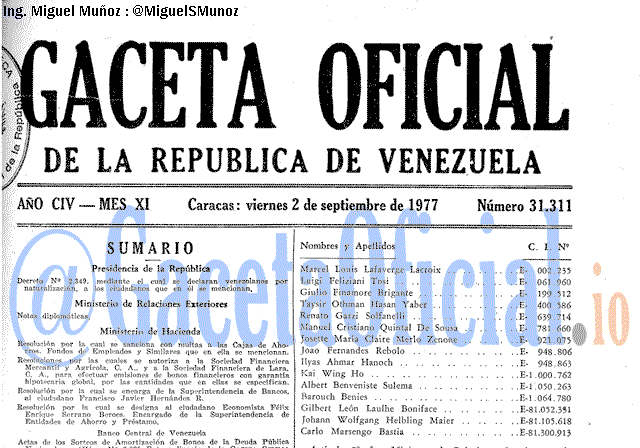 Gaceta Oficial 31311 del 2 Septiembre 1977