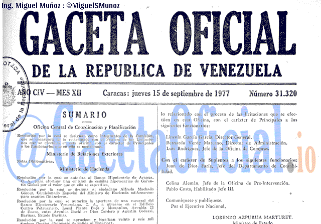 Gaceta Oficial 31320 del 15 Septiembre 1977