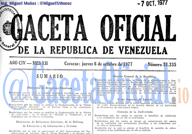 Gaceta Oficial 31335 del 6 Octubre 1977