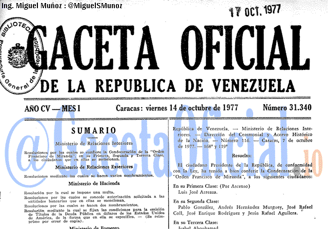 Gaceta Oficial 31340 del 14 Octubre 1977