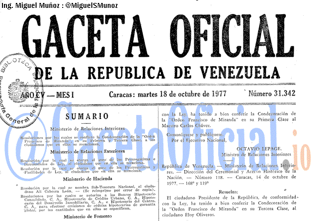 Gaceta Oficial 31342 del 18 Octubre 1977