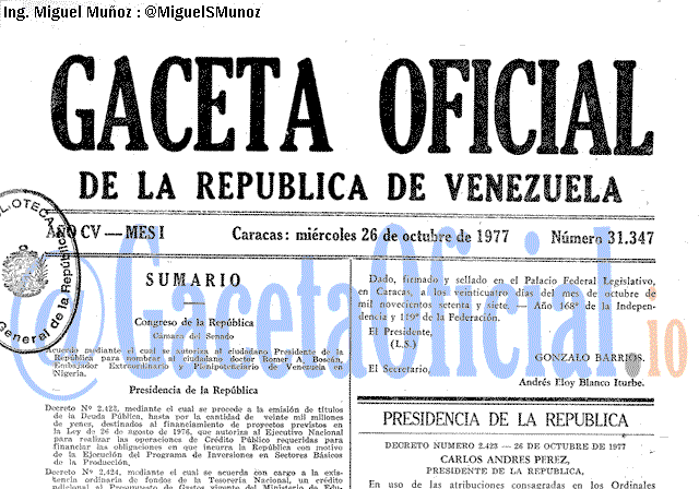 Gaceta Oficial 31347 del 26 Octubre 1977