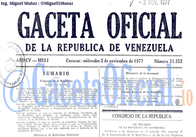 Gaceta Oficial 31352 del 2 Noviembre 1977