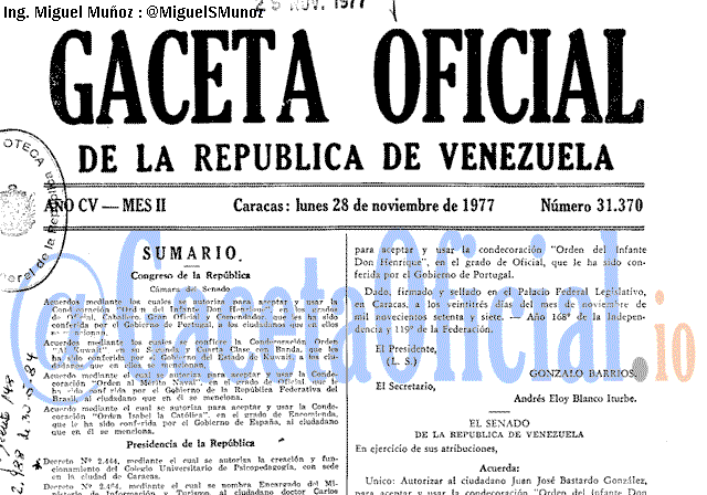 Gaceta Oficial 31370 del 28 Noviembre 1977