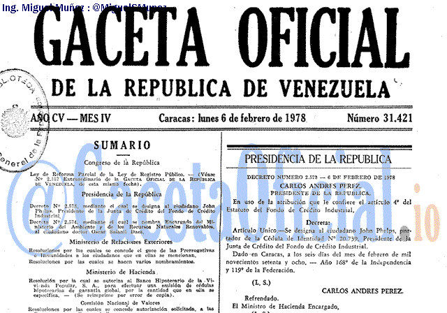 Gaceta Oficial 31421 del 6 Febrero 1978