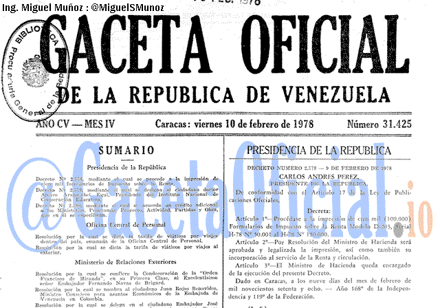 Gaceta Oficial 31425 del 10 Febrero 1978