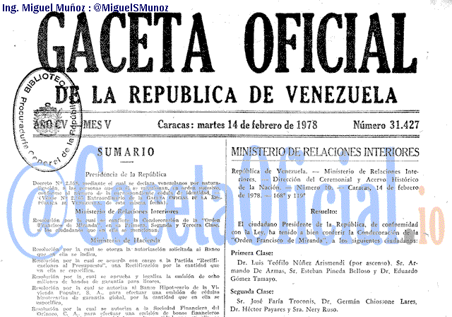 Gaceta Oficial 31427 del 14 Febrero 1978