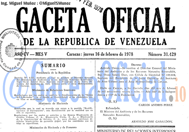 Gaceta Oficial 31429 del 16 Febrero 1978