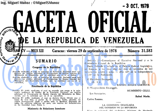 Gaceta Oficial 31583 del 29 Septiembre 1978