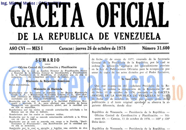 Gaceta Oficial 31600 del 26 Octubre 1978