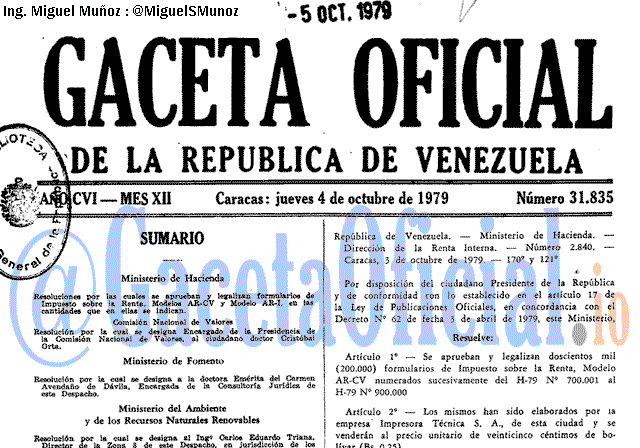 Gaceta Oficial 31835 del 4 Octubre 1979