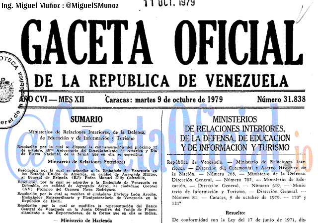 Gaceta Oficial 31838 del 9 Octubre 1979