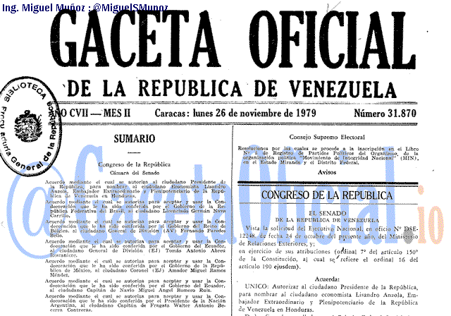 Gaceta Oficial 31870 del 26 Noviembre 1979