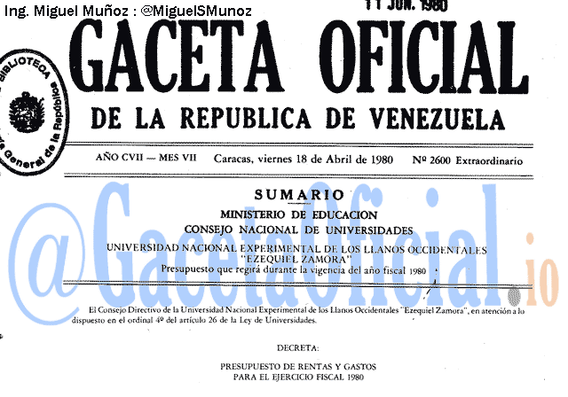 Gaceta Oficial 2600 del 18 Abril 1980