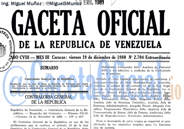 Gaceta Oficial 2704 del 19 Diciembre 1980