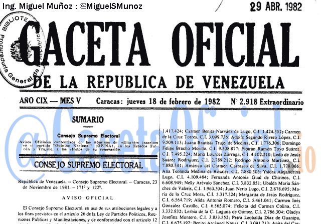 Gaceta Oficial 2918 del 18 Febrero 1982
