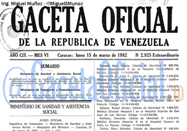 Gaceta Oficial 2925 del 15 Marzo 1982