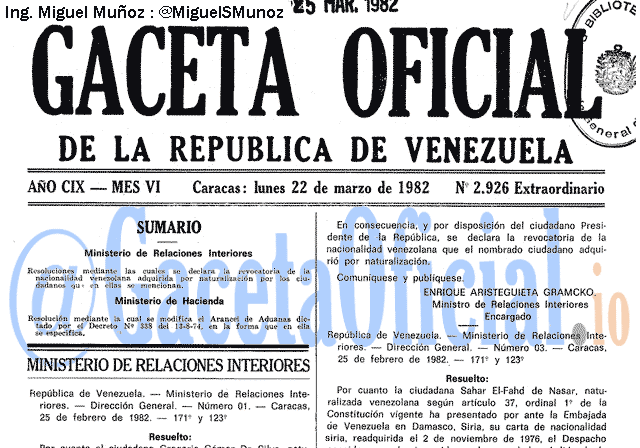 Gaceta Oficial 2926 del 22 Marzo 1982