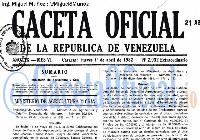 Gaceta Oficial 2932 del 1 Abril 1982