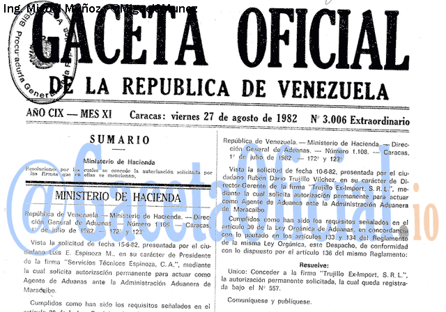 Gaceta Oficial 3006 del 27 Agosto 1982