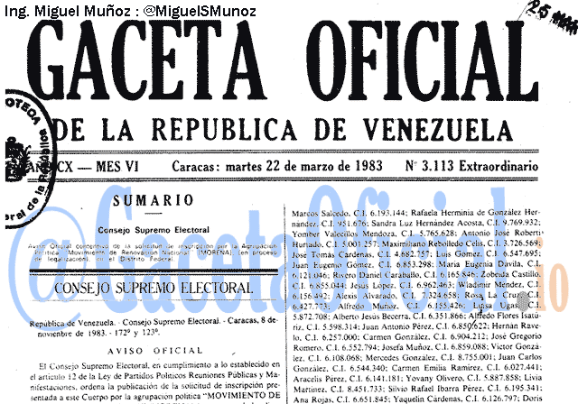 Gaceta Oficial 3113 del 22 Marzo 1983