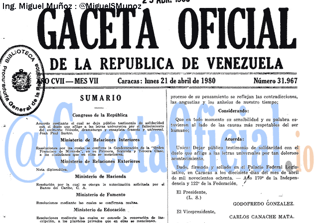 Gaceta Oficial 31967 del 21 Abril 1980