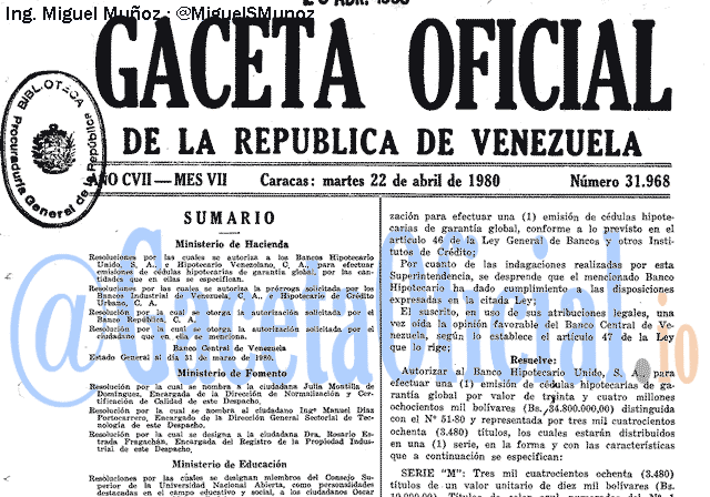 Gaceta Oficial 31968 del 22 Abril 1980