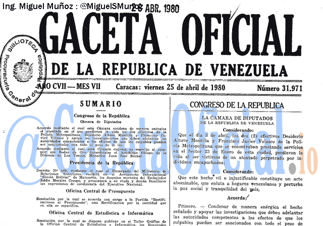 Gaceta Oficial 31971 del 25 Abril 1980