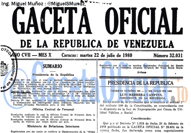Gaceta Oficial 32031 del 22 Julio 1980