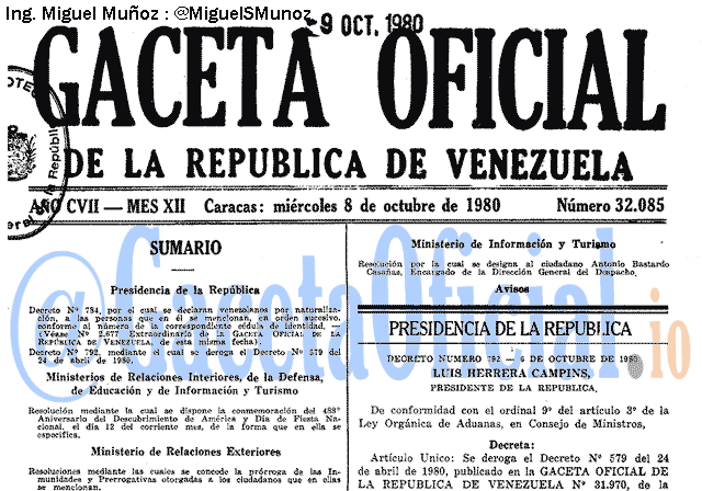 Gaceta Oficial 32085 del 8 Octubre 1980