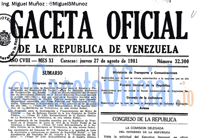 Gaceta Oficial 32300 del 27 Agosto 1981