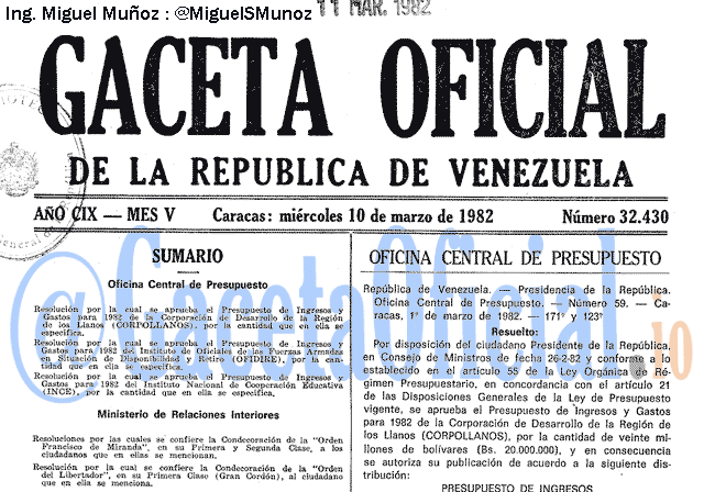 Gaceta Oficial 32430 del 10 Marzo 1982