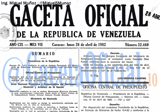 Gaceta Oficial 32460 del 26 Abril 1982
