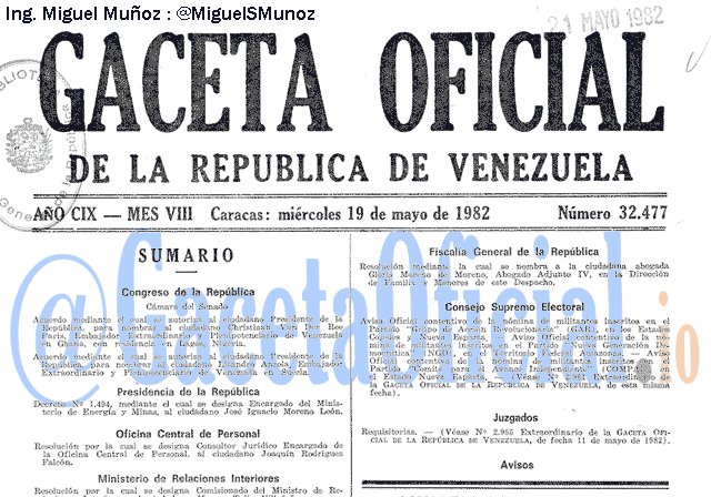 Gaceta Oficial 32477 del 19 Mayo 1982